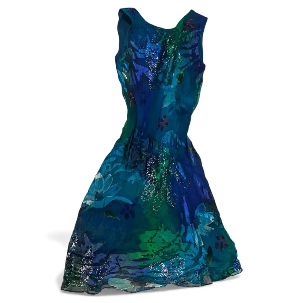 Vintage Elegant Multicolor Textured Silk Sleeveless Midi Dress - Picture 4 of 7